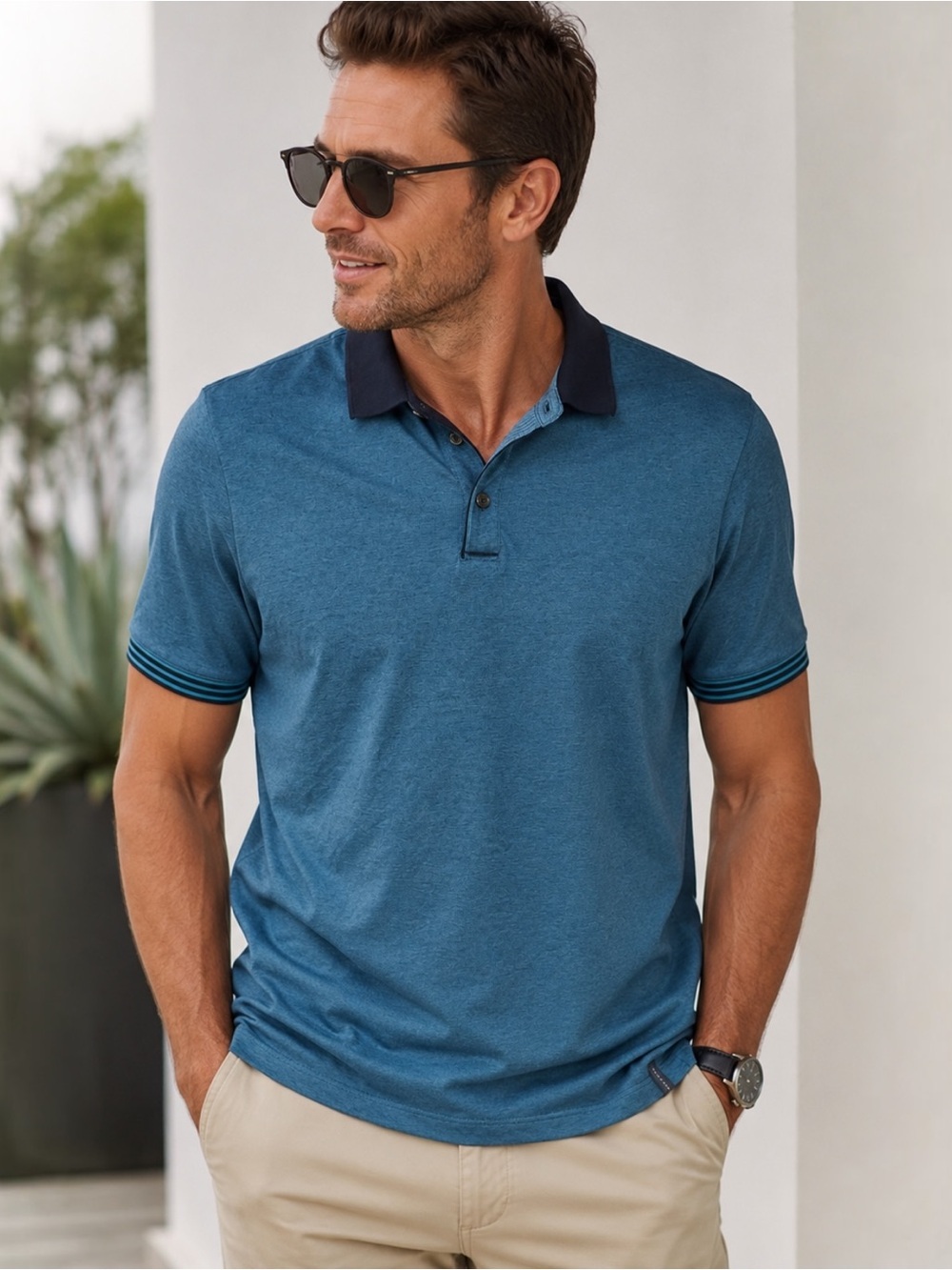 Perry Ellis Men’s M Heather Blue Polo Shirt Contrast Navy Collar Short Sleeve